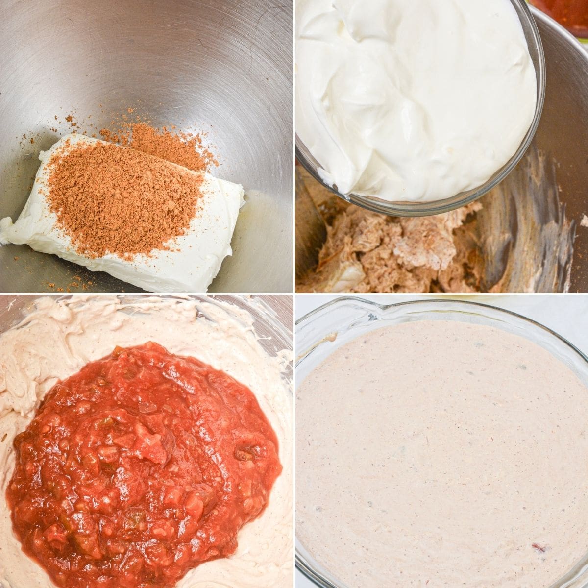 Four-panel image showing mixing the ingredients to make the creamy snack.