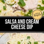 A bowl of Salsa and Cream Cheese Dip topped with shredded cheese and chopped green onions, with a fork lifting a cheesy bite from the bowl.