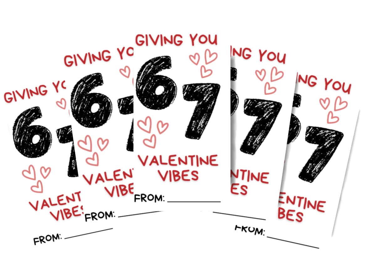 Five Valentine’s Day cards overlap, each reading “Giving you Valentine vibes” with hand-drawn hearts, space to write names at the bottom, and a playful LEGO Valentines touch for extra charm.