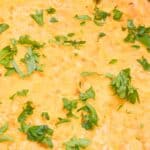 Close-up of a baked dish topped with gooey cheese and chopped fresh parsley.