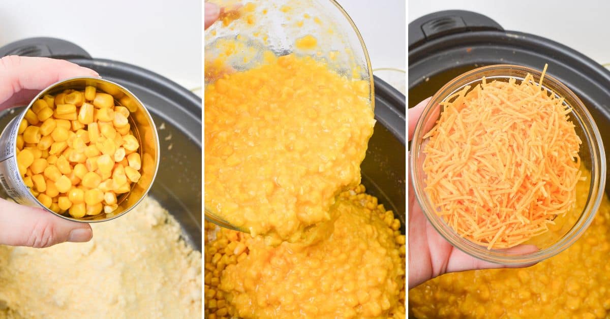 Layering mixture, and shredded cheese into your crock pot in three simple steps.