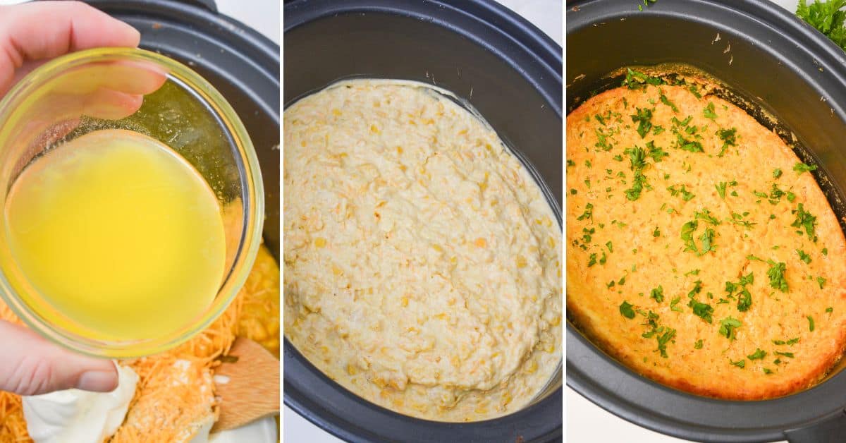 Three-step process of making Slow Cooker Corn Casserole: mix ingredients, pour the batter into the cooker, and enjoy finished cornbread topped with chopped herbs.