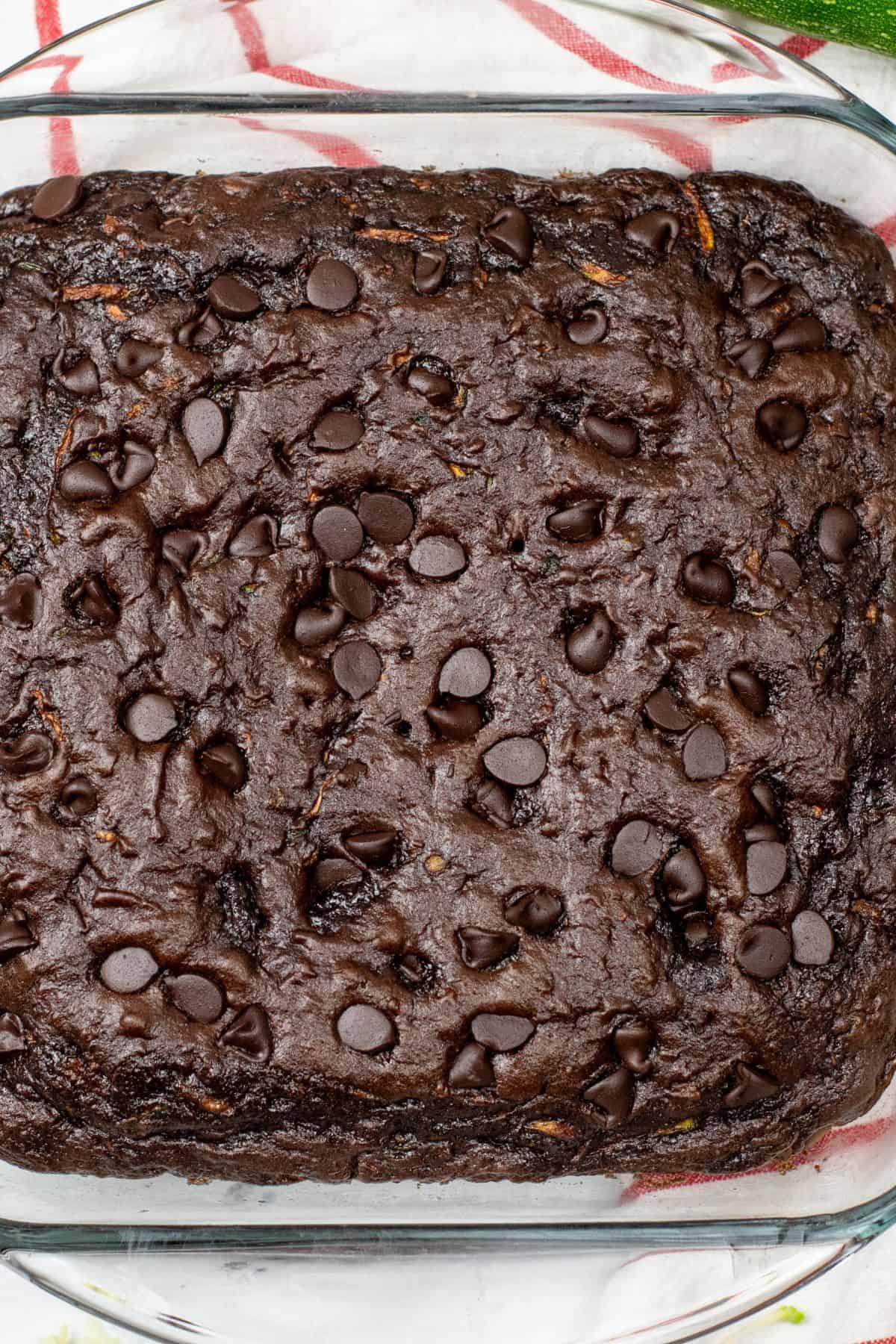A square topped with chocolate chips, viewed from above on a red and white striped cloth.