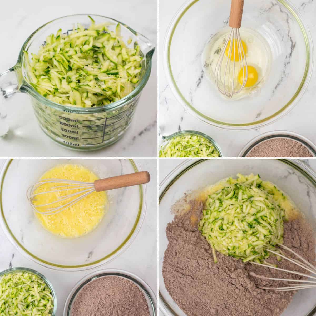 A collage shows steps for baking Zucchini Chocolate Cake: shredded zucchini in a measuring cup, eggs in a bowl being whisked, whisked eggs, and zucchini with dry ingredients in a mixing bowl.