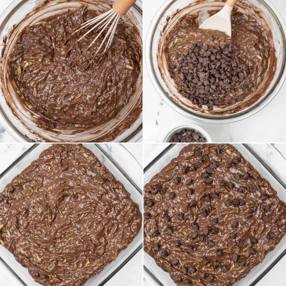 Four-step collage showing Zucchini Chocolate Cake batter being mixed in a bowl, chocolate chips added, and the batter spread into a square baking pan, ready to bake.