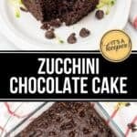 A slice of Zucchini Chocolate Cake topped with chocolate chips sits on a plate, while the full cake in a glass baking dish is both adorned with fresh zucchini shreds.