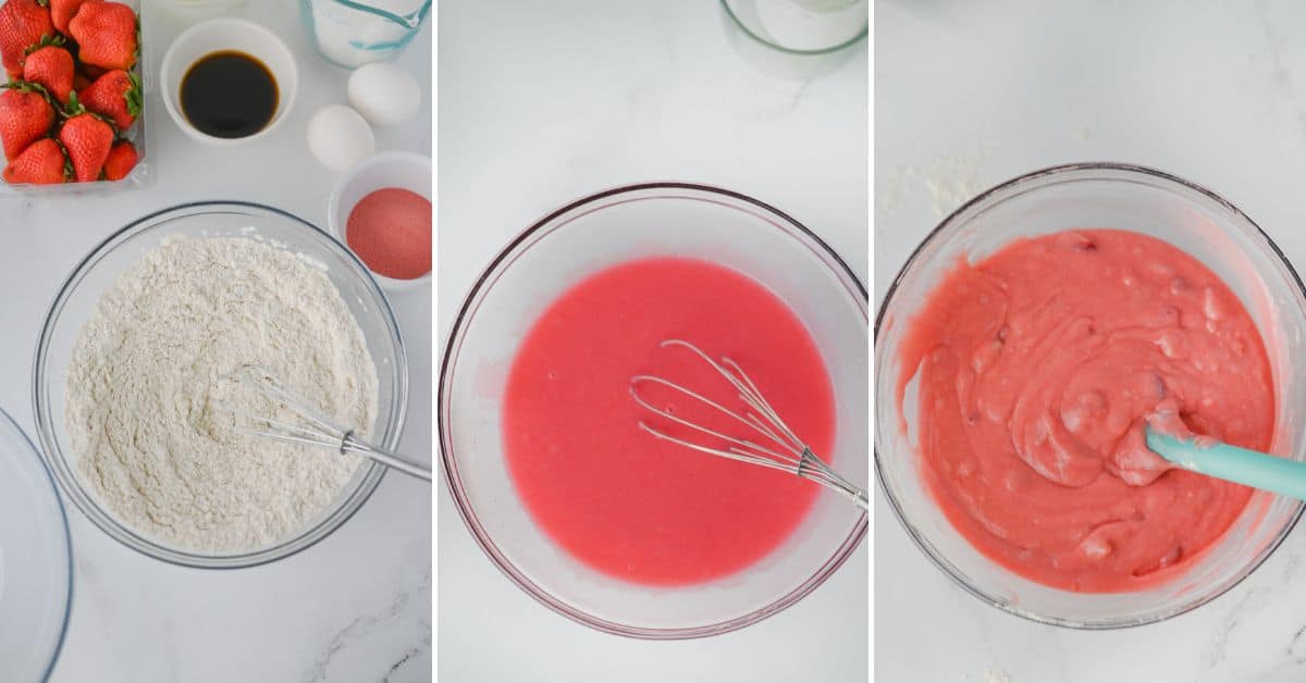 Three side-by-side images show the process of making Homemade Strawberry Cake: dry ingredients, a pink strawberry liquid mixture, and vibrant pink cake batter being mixed in bowls on a white surface.
