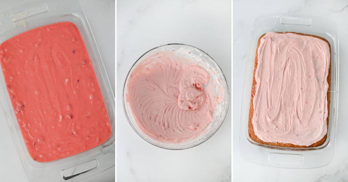 Three-panel image showing a glass baking dish with homemade strawberry cake batter, a bowl of pink frosting, and a baked cake in a dish topped with pink frosting.