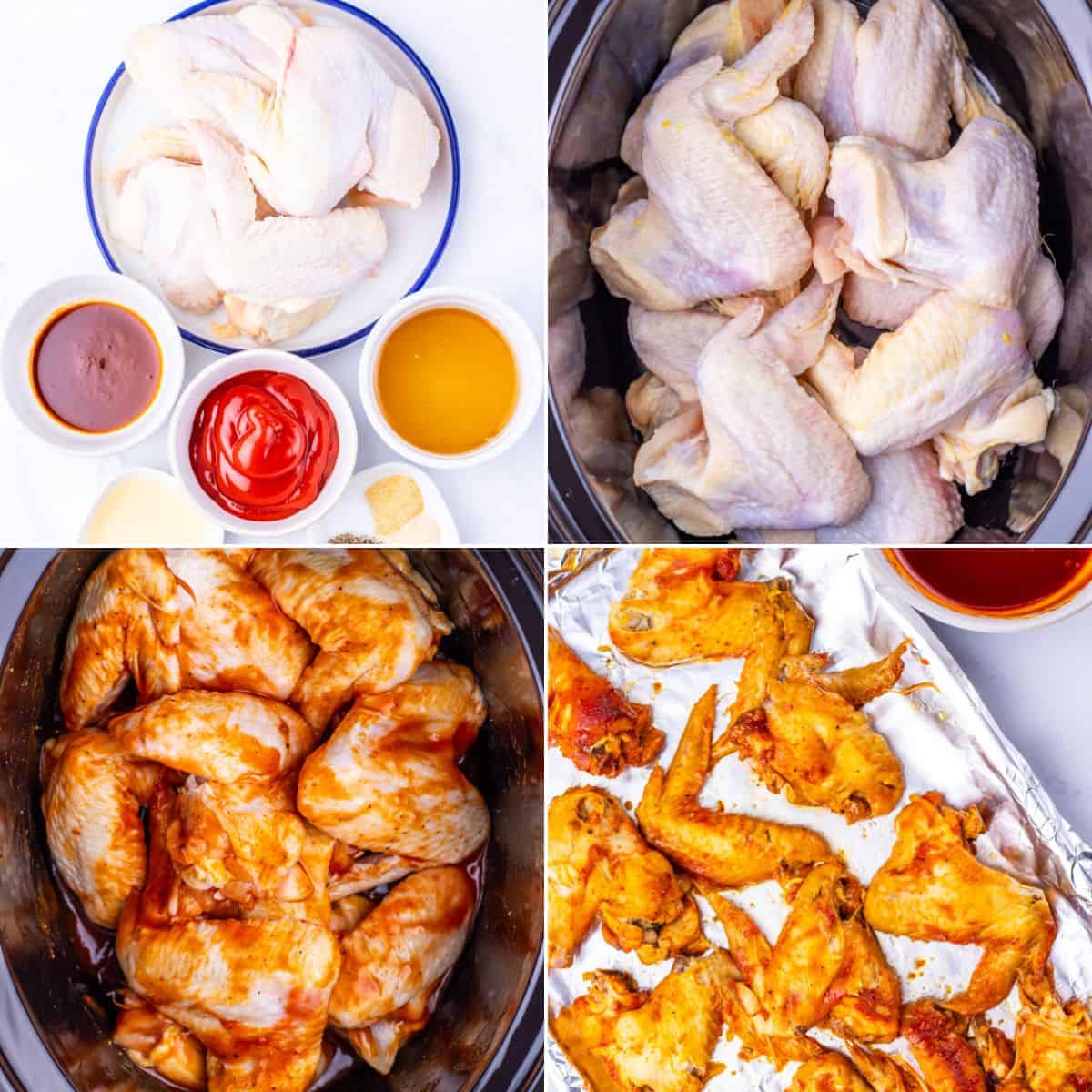 Four steps showing Slow Cooker Chicken Wings: raw wings with sauces and seasonings, wings in a slow cooker, wings coated in sauce, and cooked wings on a foil-lined baking sheet.