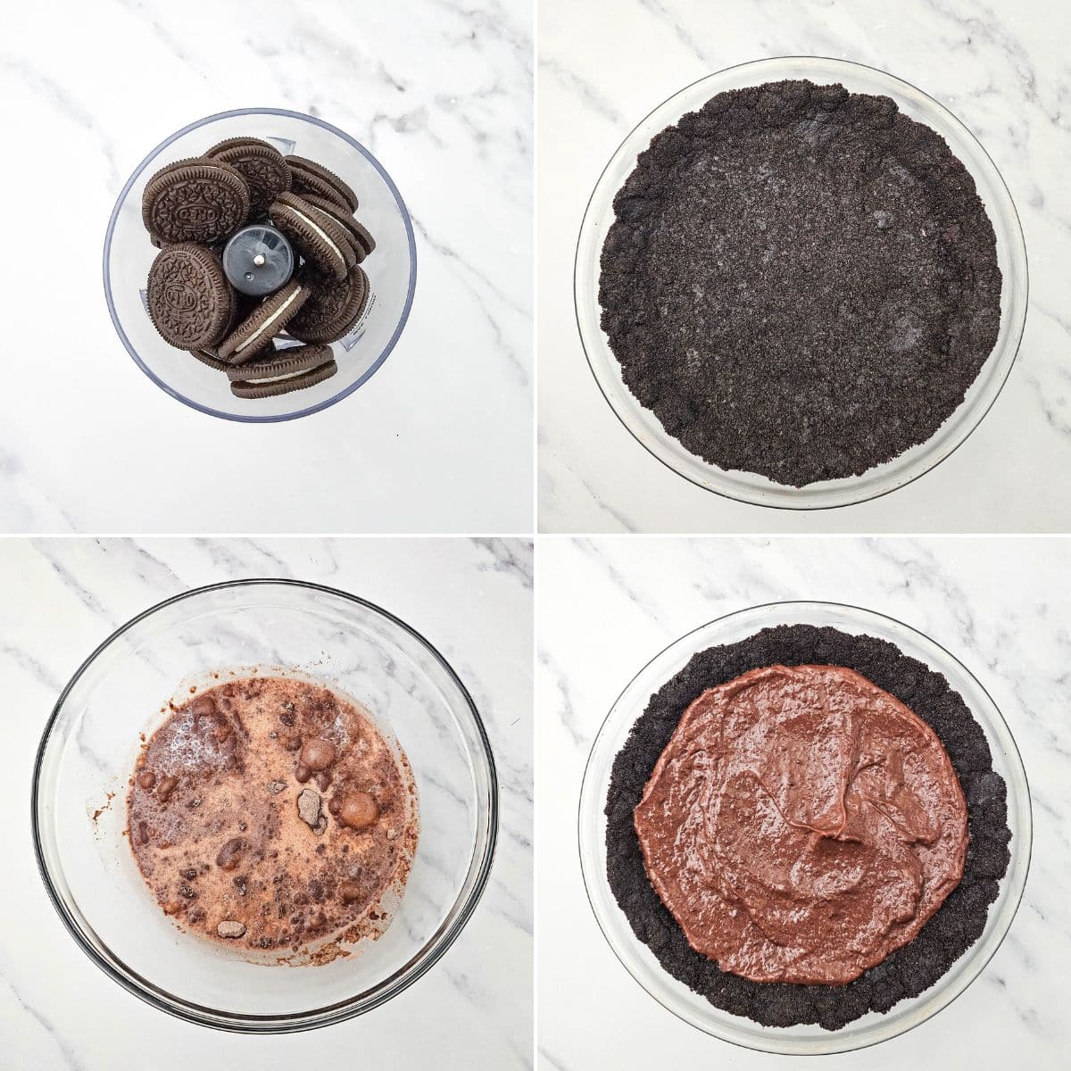 Four-step collage shows making an Oreo Pudding Pie: crushing cookies, pressing crust into a pan, mixing filling ingredients, and spreading creamy filling into the cookie crust.