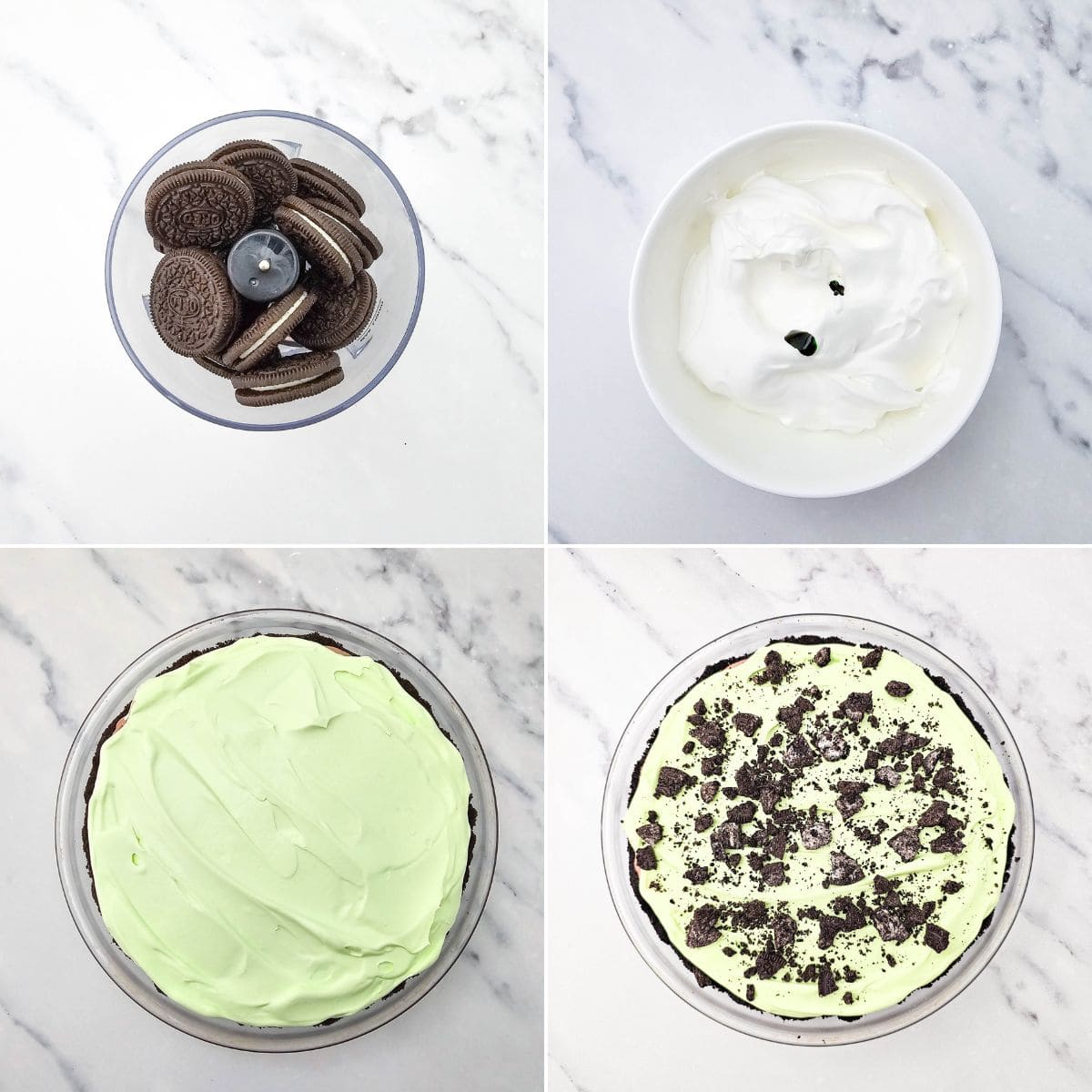 Follow four simple steps to make an irresistible Oreo Pudding Pie: blend whole Oreos, mix up a creamy white and green layer, top with a minty green finish, and sprinkle with crushed Oreos.