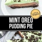 A slice of Oreo Pudding Pie with a chocolate crust and crumbled Oreo topping sits on a plate, next to the rest of the creamy pie in a glass dish.
