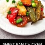 A plate with white rice and Sheet Pan Chicken with Vegetables, featuring red bell peppers, snap peas, and green onions, all garnished with sesame seeds.