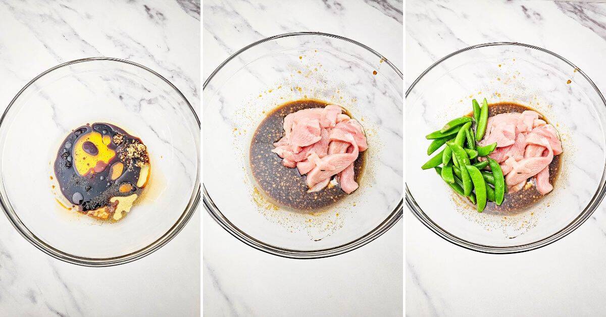 Three glass bowls show the steps of preparing the meal, first with sauce and spices, then adding raw sliced meat, and finally adding snap peas. All are on a white marble surface.