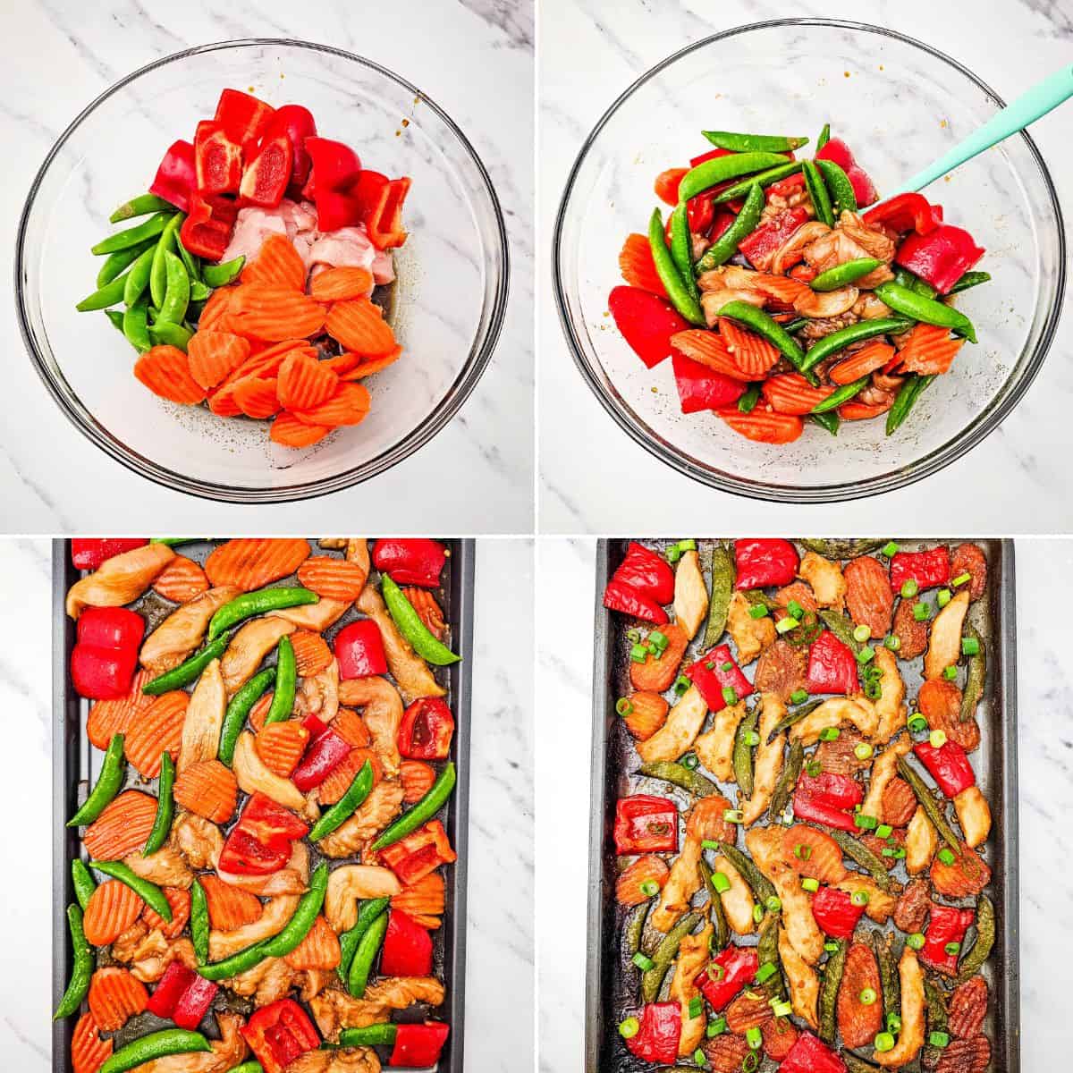 Four-panel image showing steps to prepare Sheet Pan Chicken with Vegetables: raw veggies and chicken in bowls, arranged on a baking sheet, and the finished stir fry after baking.