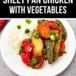 A plate of Sheet Pan Chicken with Vegetables, served alongside white rice and garnished with green onions and sesame seeds.