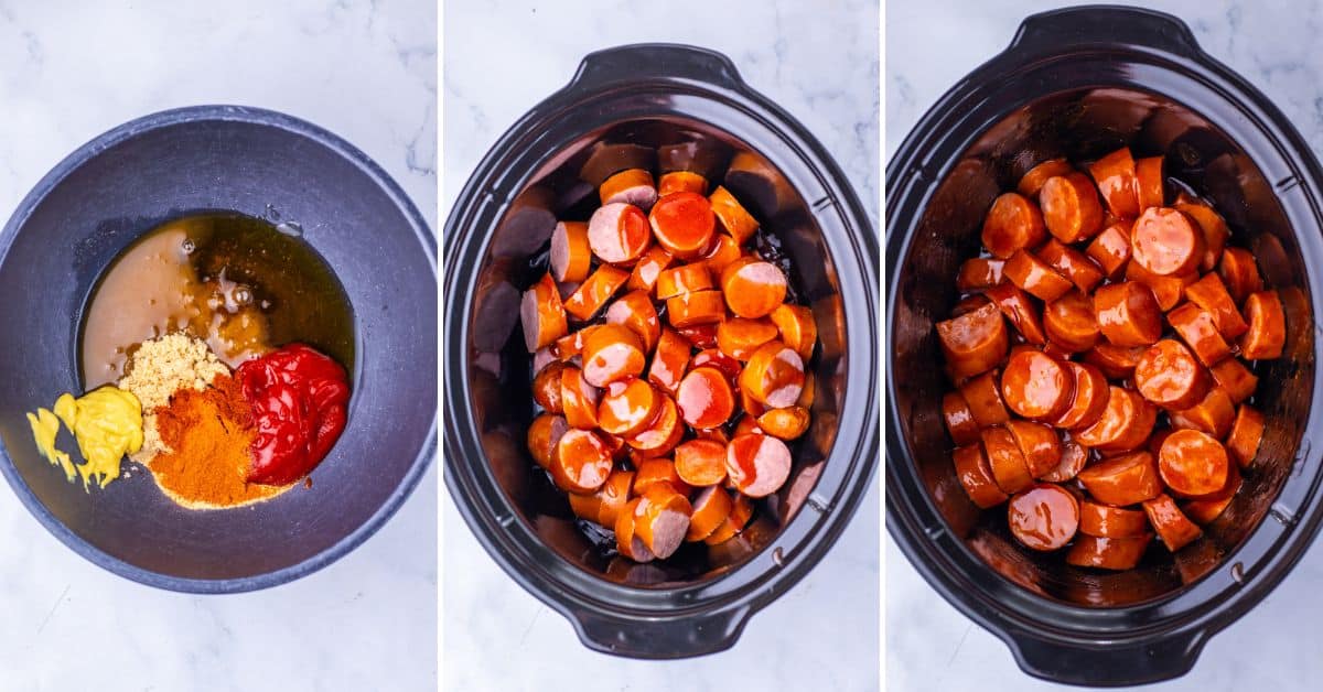 Three-step process: sauce ingredients in a bowl, sliced Crock Pot Kielbasa added to the slow cooker, and sausage mixed with sauce in the slow cooker.