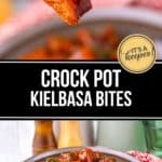 A plate of glazed Crock Pot Kielbasa bites garnished with herbs, with a hand holding a forkful above the dish. Text reads "Crock Pot Kielbasa Bites.