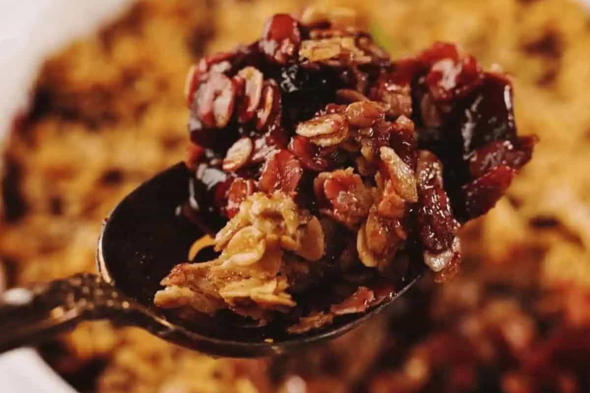 A close-up of a spoon holding a serving of oat and berry crisp with visible oats and baked berries, with the rest of the pretty dessert blurred in the background.