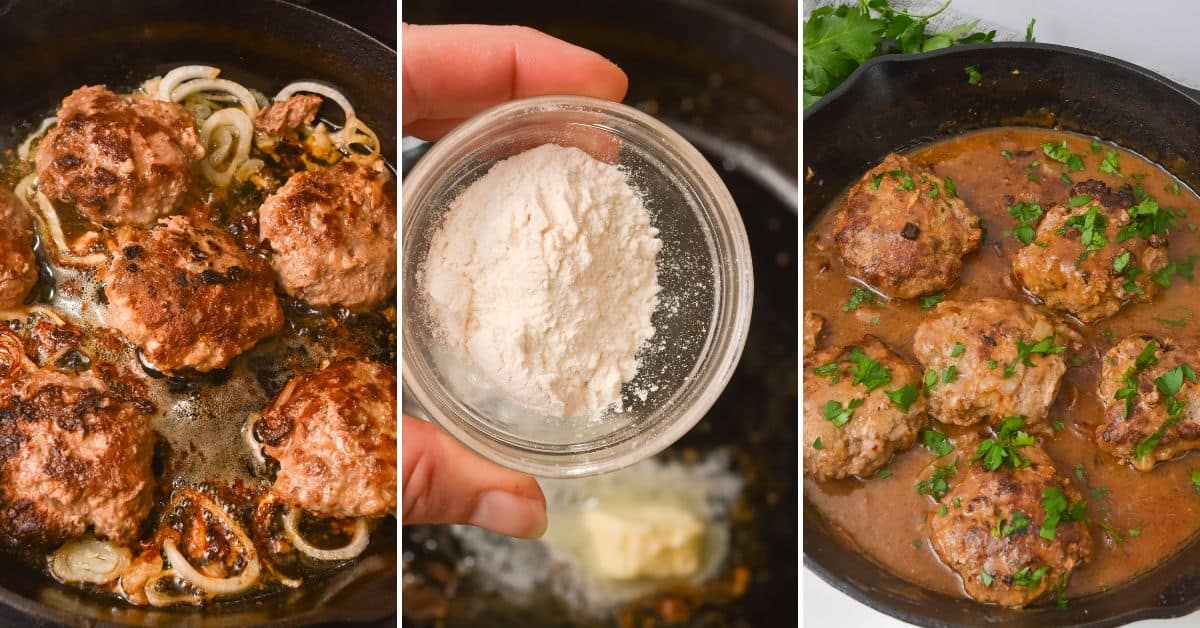 Three-panel image: in progress—beef patties cook with onions, a hand adds flour, then finished meatballs simmer in rich brown sauce and are garnished with parsley in a skillet.