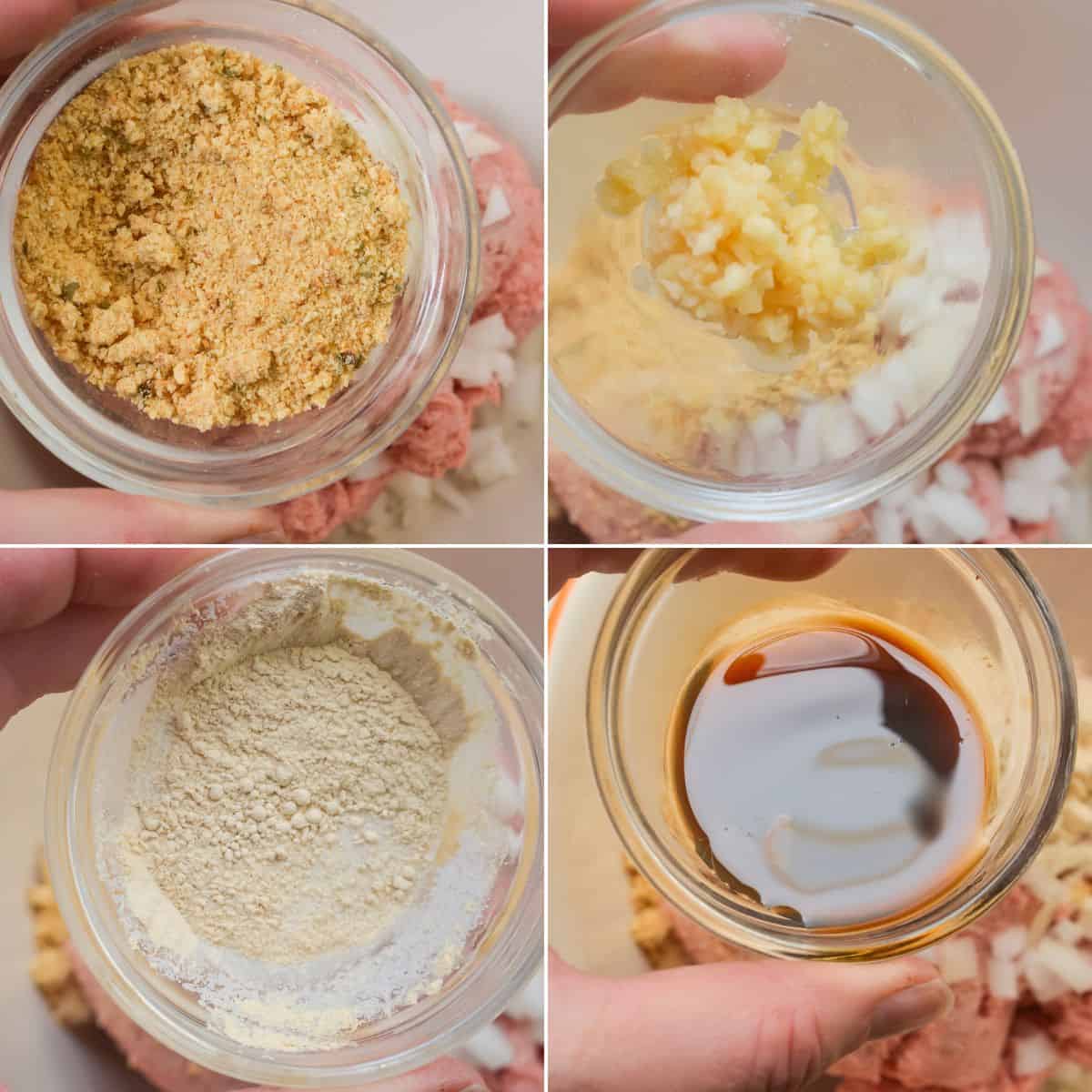 Four close-up images show hands holding small bowls of seasoning powder, minced garlic, onion powder, and soy sauce above ground meat—the perfect start for Hamburger Steak with Onion Gravy.