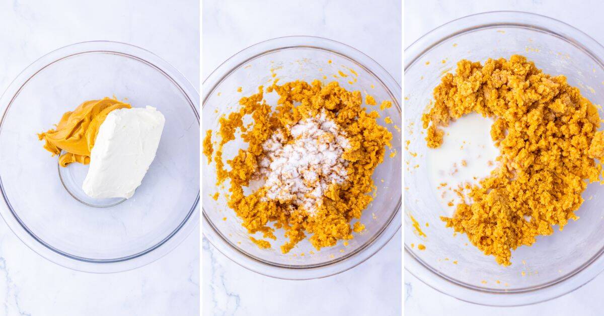 Three stages first, mix peanut butter and cream cheese; then add sugar; finally, stir in milk to combine the crumbly mixture until smooth.