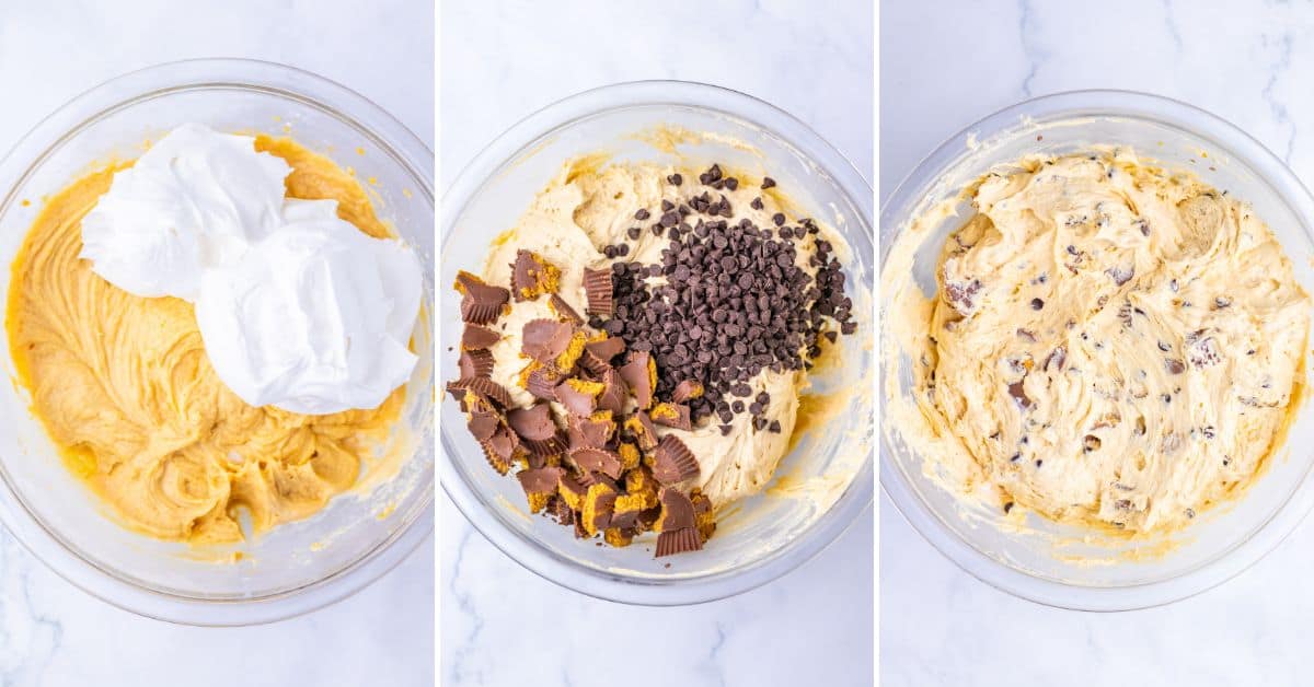 Three glass bowls on a white surface show stages of mixing cookie dough with whipped topping and fully mixed with chips.
