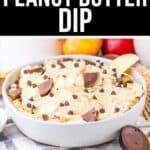 A bowl of fluffy Peanut Butter Dip topped with mini chocolate chips and peanut butter cups, served with crisp apple slices on the side.
