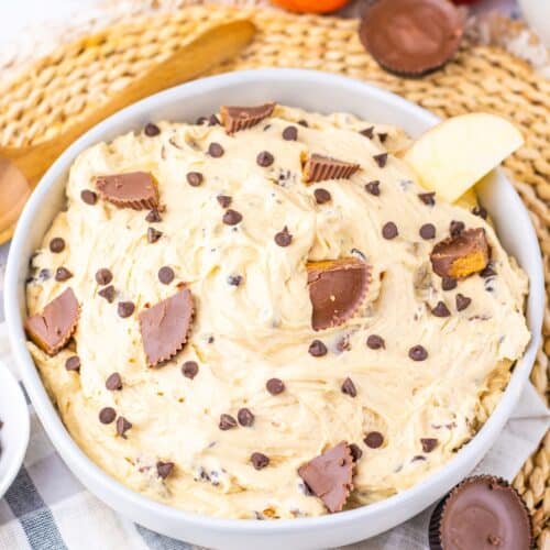 A bowl of creamy Peanut Butter Dip topped with chocolate chips and peanut butter cup pieces, surrounded by apples and snacks on a woven mat.