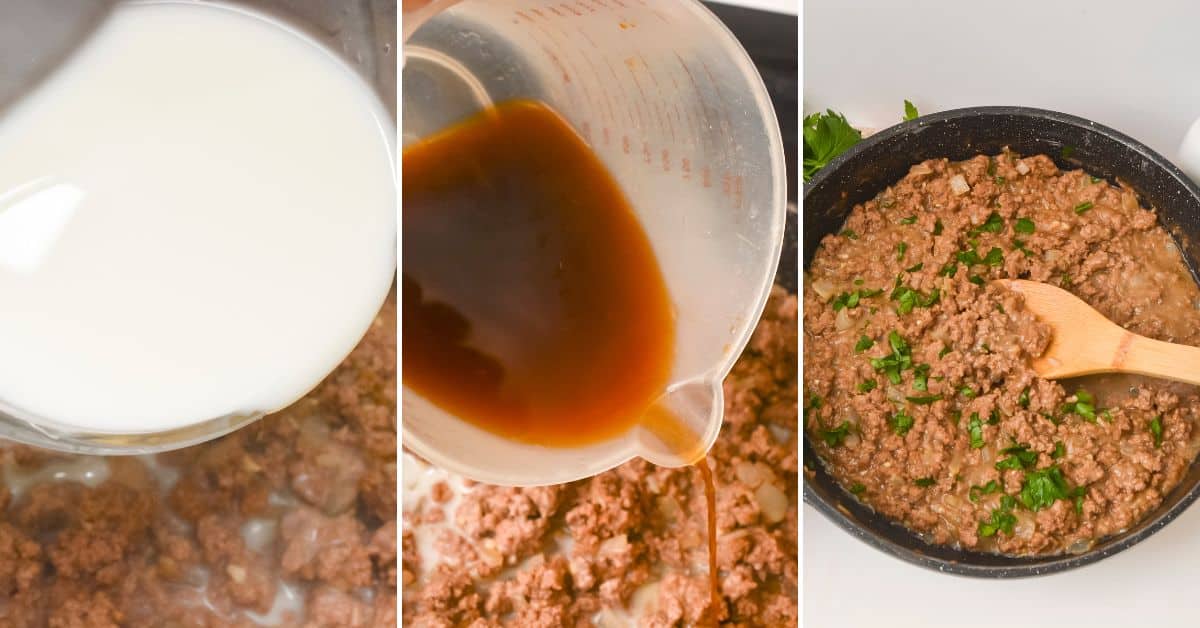 Three-panel image: milk poured into cooked ground beef, brown sauce added, and the beef mixture stirred with a wooden spoon in a skillet, garnished with herbs.