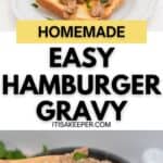 A serving of homemade hamburger gravy on toast, garnished with parsley, is shown on a plate and in a wooden spoon over a skillet. Text reads "Homemade Easy Hamburger Gravy itisakeeper.com".