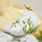 A potato chip dipped in creamy spread garnished with fresh dill.