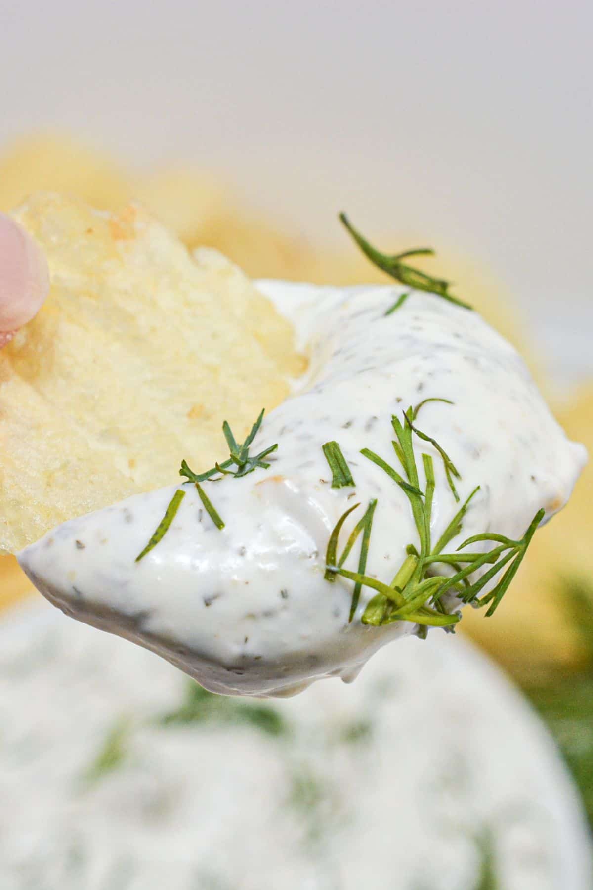A potato chip dipped in creamy spread garnished with fresh dill.