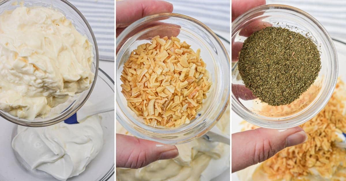 Three images show: a bowl of mayonnaise and sour cream, a hand holding a small bowl of dried onions, and a hand holding dried dill above a mixing bowl—classic ingredients for making creamy Dill Dip.