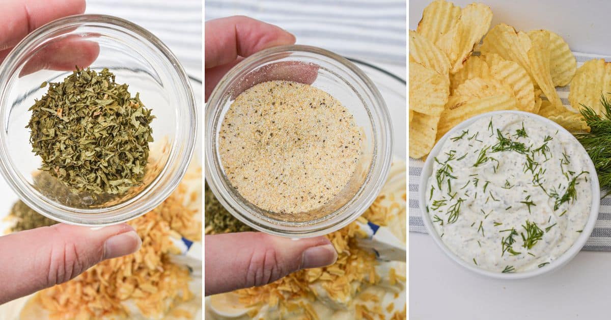 Three images show: a hand holding a bowl of dried herbs, a hand holding a bowl of seasoning, and a bowl next to potato chips.