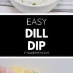 A bowl of creamy dill dip garnished with fresh dill, served with potato chips on a striped cloth; a hand dips a chip into the delicious dill dip.