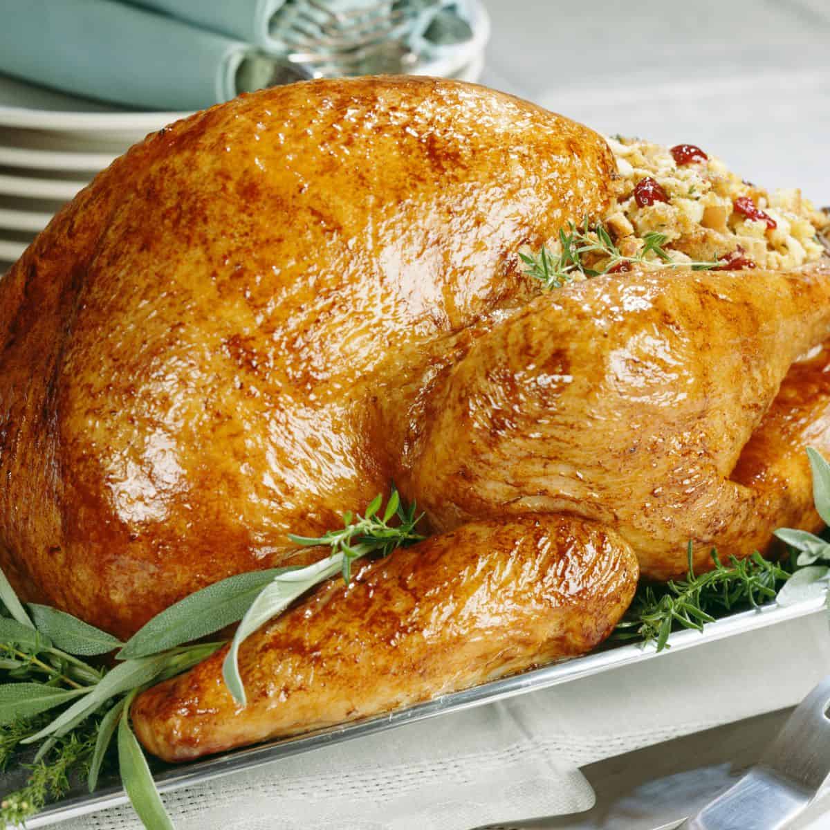 Roast turkey with golden-brown skin, garnished with fresh herbs and stuffed with bread-based stuffing, served on a platter—it's a keeper for any festive gathering.