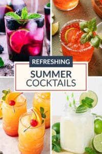 Collage of four colorful Refreshing Summer Cocktails, each garnished with fruit and herbs, centered around a label that reads "Refreshing Summer Cocktails.