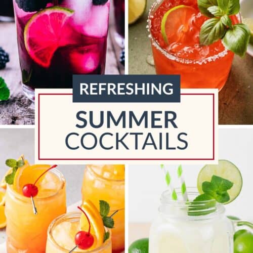 Collage of four colorful Refreshing Summer Cocktails, each garnished with fruit and herbs, centered around a label that reads "Refreshing Summer Cocktails.