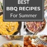 Collage of summer BBQ dishes: zucchini, pasta salad, creamed corn, coleslaw, tomato pasta salad, and baked beans, with a central text box reading "Best BBQ Recipes For Summer." Discover the best BBQ and summer recipes to elevate your next cookout.