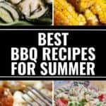 Collage of four summer BBQ dishes: creamy cucumber salad, grilled corn on the cob, baked beans, and pasta salad, with text "Best BBQ Recipes for Summer" in the center—perfect inspiration for your next summer recipes lineup.