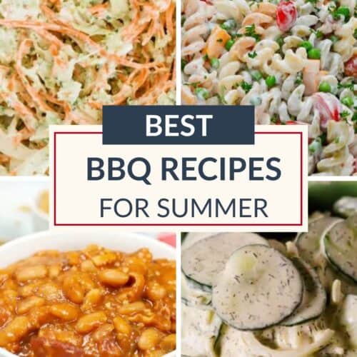 Four summer barbecue side dishes: coleslaw, pasta salad, baked beans, and cucumber salad, with a central text reading "Best BBQ Recipes for Summer." These must-try summer recipes will elevate your next cookout and showcase the best BBQ flavors of the season.