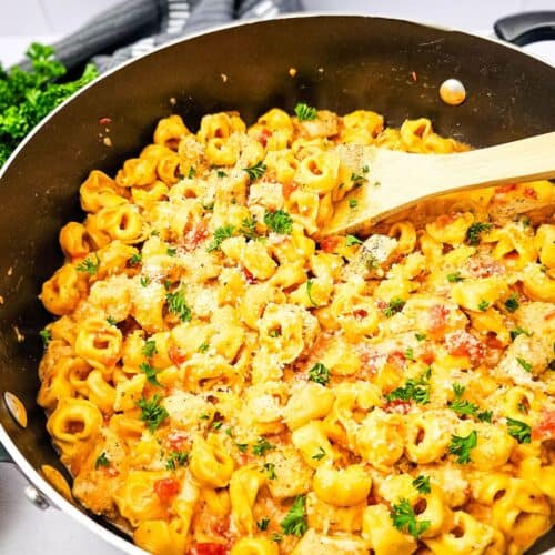 A skillet filled with creamy chicken tortellini pasta, mixed with sauce, herbs, and grated cheese, with a wooden spoon resting on the side—a comforting skillet recipe perfect for any night of the week.
