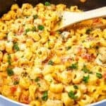 A pan of creamy chicken tortellini pasta with tomatoes, sprinkled with chopped parsley and grated cheese, stirred with a wooden spoon—this easy skillet recipe is perfect for a comforting weeknight meal.