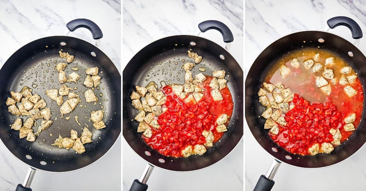 Three-step cooking process in a skillet: sautéed chicken pieces, added diced tomatoes, then simmering with broth and tomatoes to create a flavorful Chicken Skillet recipe, all prepared on a marble countertop.