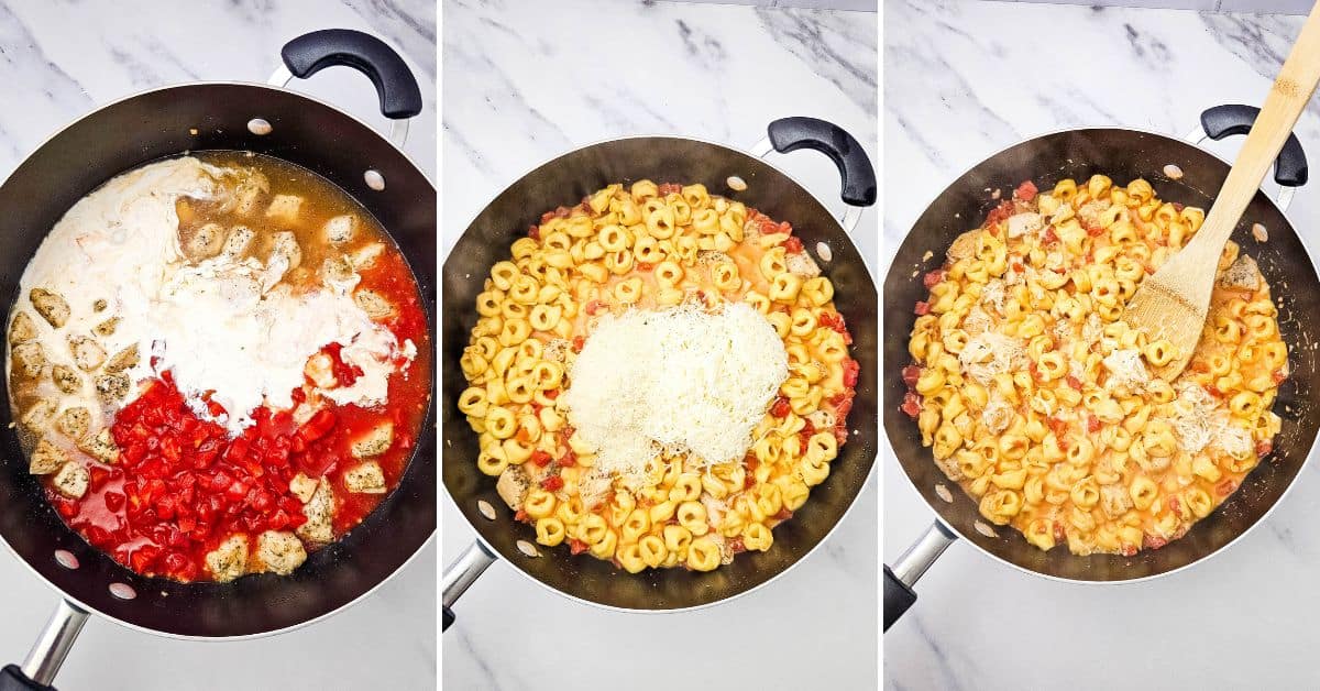 Three images show a skillet recipe for a delicious pasta dish being cooked in a pan: adding ingredients, topping with cheese, then stirring chicken tortellini, tomatoes, cheese, and sauce together.