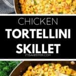 Skillet filled with creamy chicken tortellini, a comforting chicken pasta skillet recipe, garnished with herbs and set beside a bunch of fresh parsley on a dark cloth.