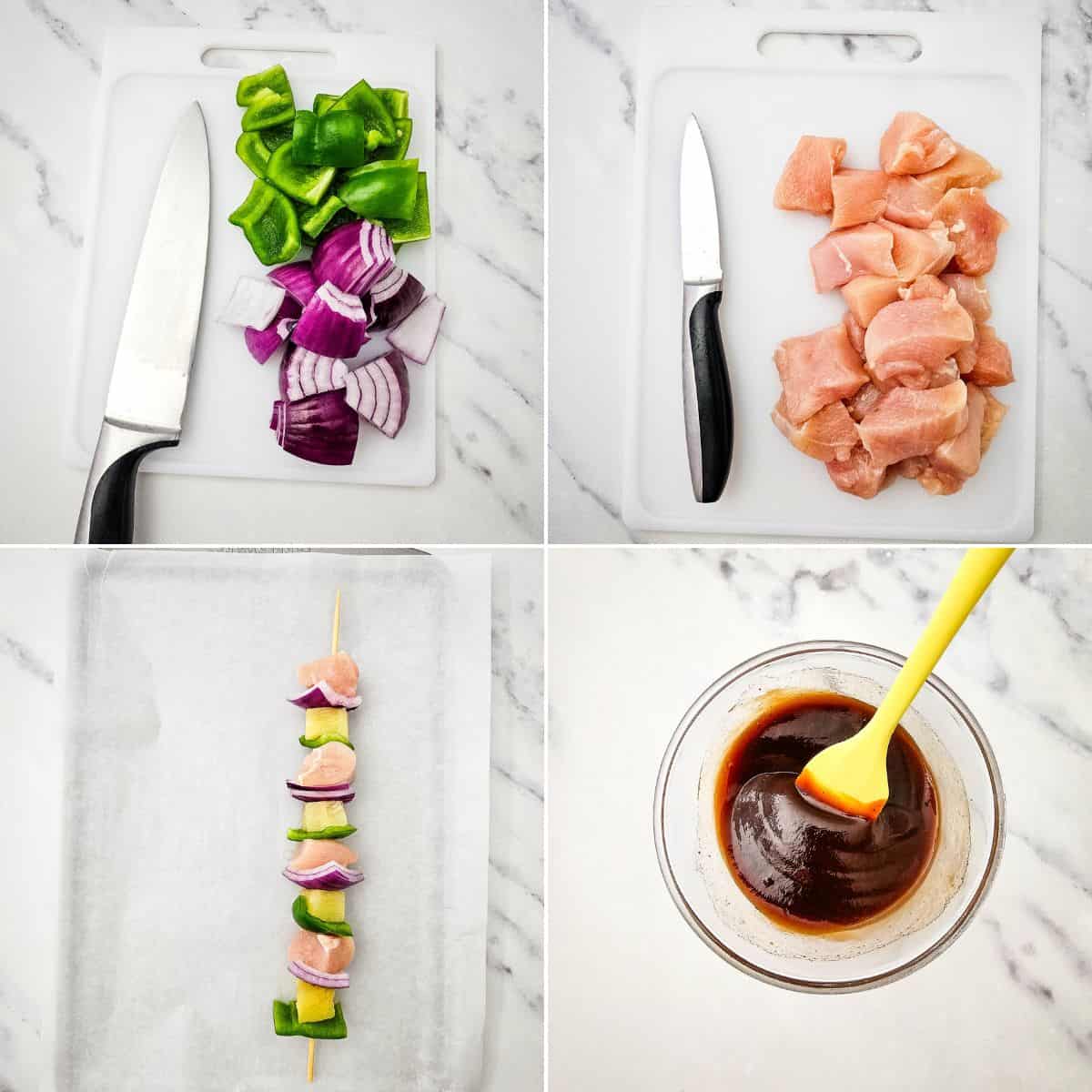 Four images show chopped vegetables and chicken, a knife, a prepared Chicken Kabob with vegetables and chicken, and a bowl of dark sauce being stirred with a yellow spoon, all on a marble surface—perfect preparation for delicious BBQ Chicken Kabobs or Grilled Chicken skewers.