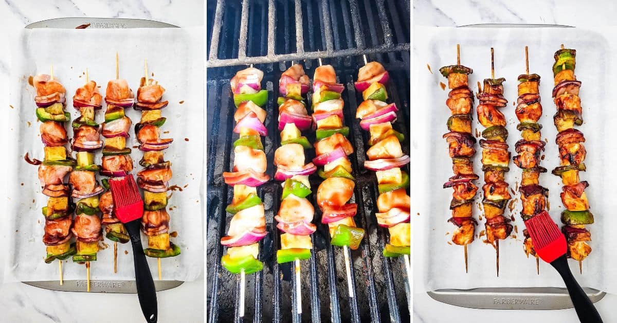 Three images showcase Chicken Kabobs: raw skewers being brushed with marinade, grilling on a barbecue to become Grilled BBQ Chicken, and perfectly cooked skewers on a tray being brushed with a rich sauce.