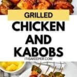 Plates of BBQ Chicken Kabobs and colorful vegetable skewers are displayed on a white surface, with pineapple chunks in a small bowl nearby.